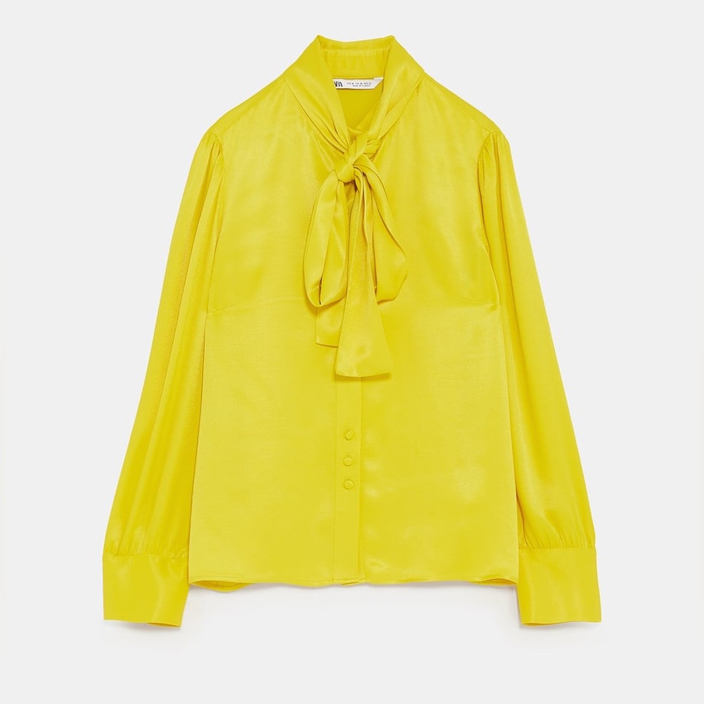 Zara yellow satin viscose neck bow tie detail button up blouse, size medium - Picture 7 of 16